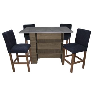 Bancos de madera de pino con tapizado negro.