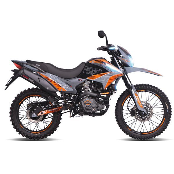 Motocicleta doble propósito Veloci vista lateral.
