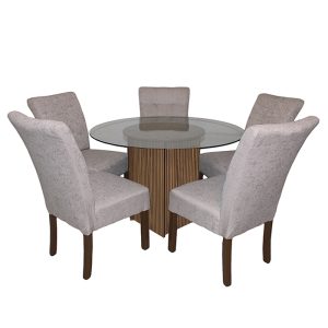 Comedor Malibú con mesa redonda de cristal y 5 sillas beige.