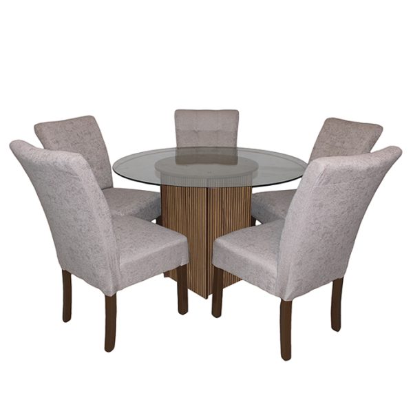 Comedor Malibú con mesa redonda de cristal y 5 sillas beige.