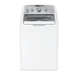 Lavadora Mabe 19Kg blanca vista frontal con tapa de vidrio templado