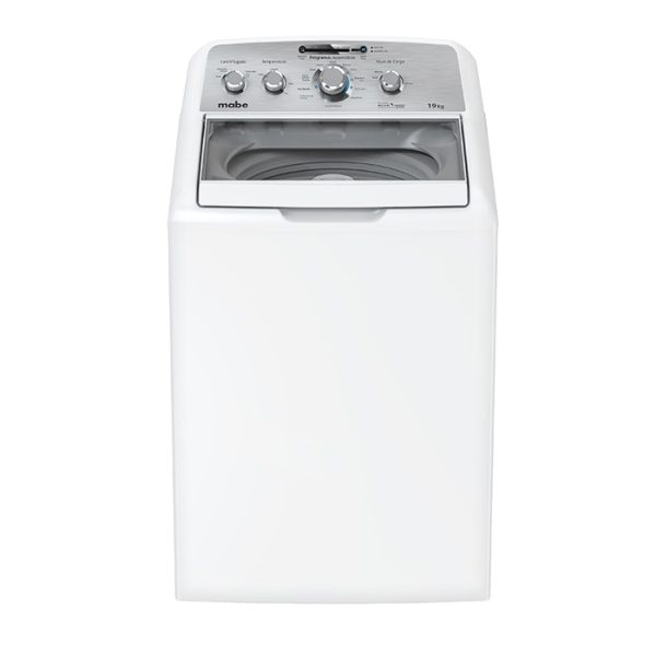 Lavadora Mabe 19Kg blanca vista frontal con tapa de vidrio templado